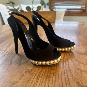Nicholas Kirkwood Black Satin Peep-Toe Faux Pearl Slingback Sandals Size 37 / 7